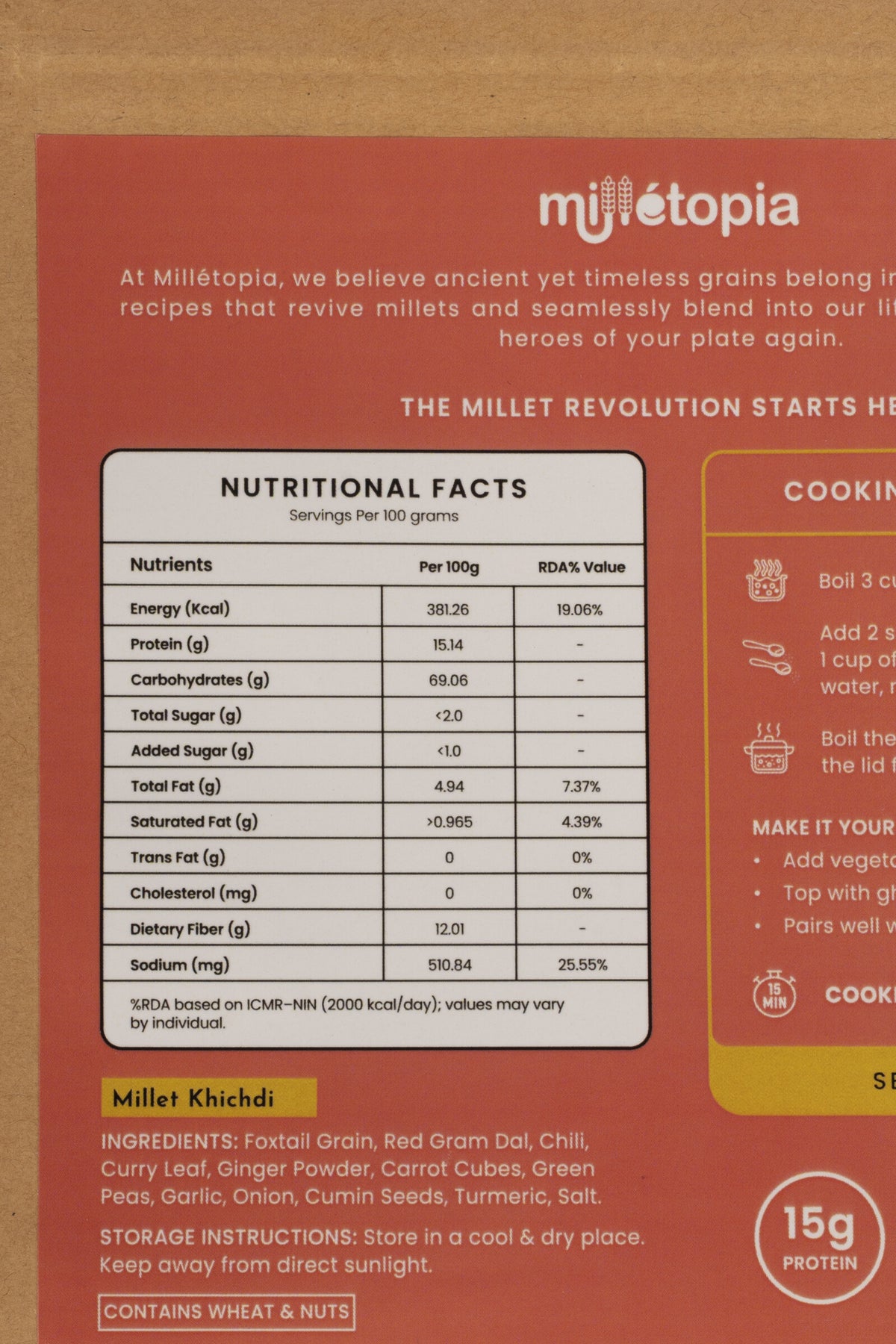 Milletopia Instant Khichdi Mix nutrition panel showing 15g protein and 12g fiber per 100g